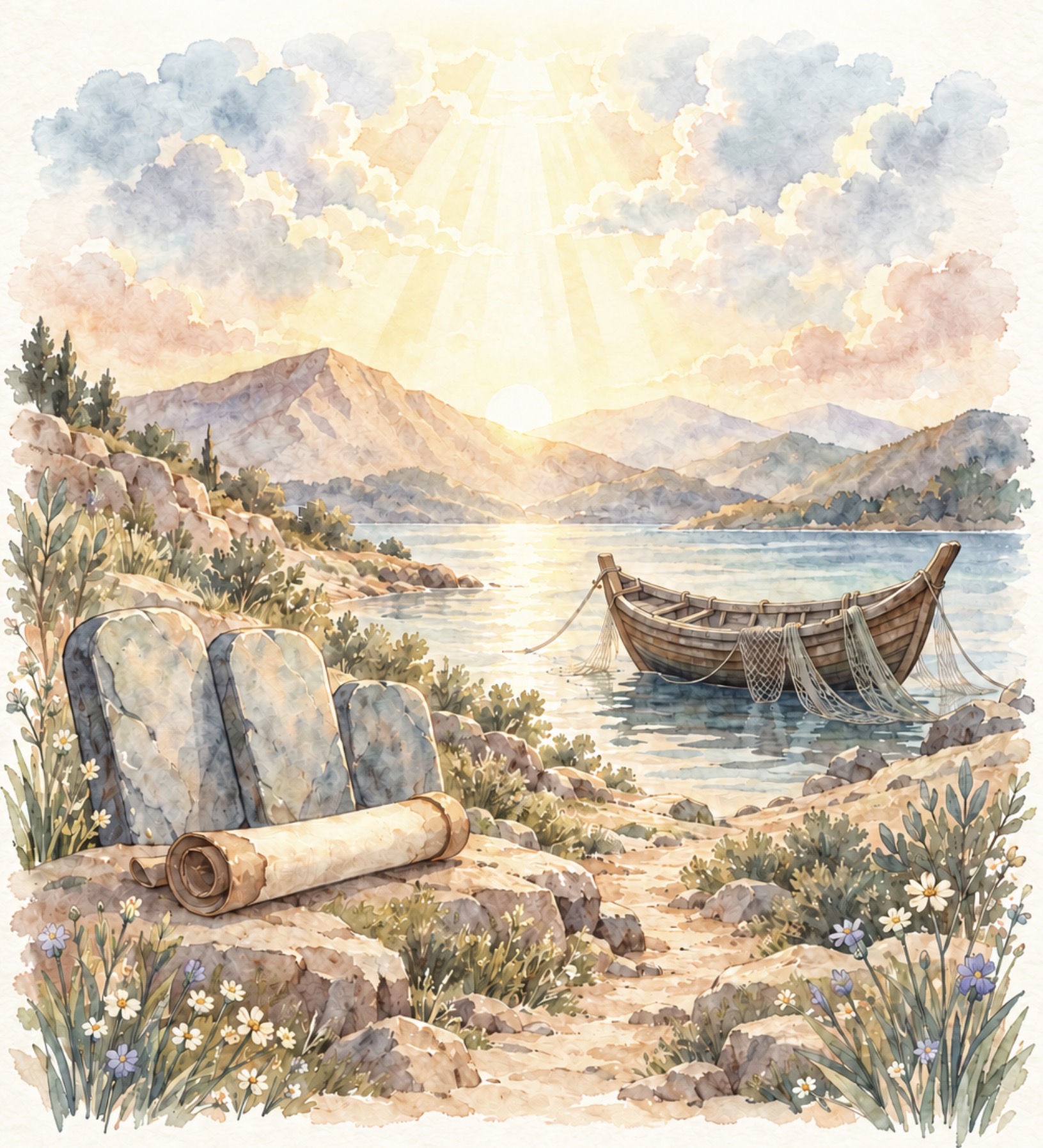 Watercolor scene: stone tablets and a scroll resting on a rocky shore beside a fishing boat on calm water, sunlight breaking through clouds